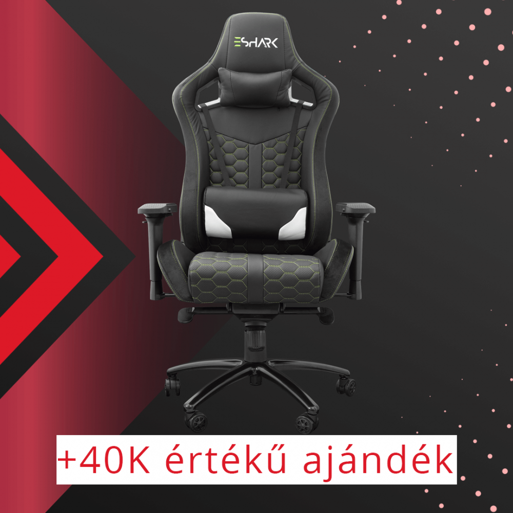 eShark Michodai gamer szék, fekete, kényelmes, modern design, komfortos hosszú órák után is